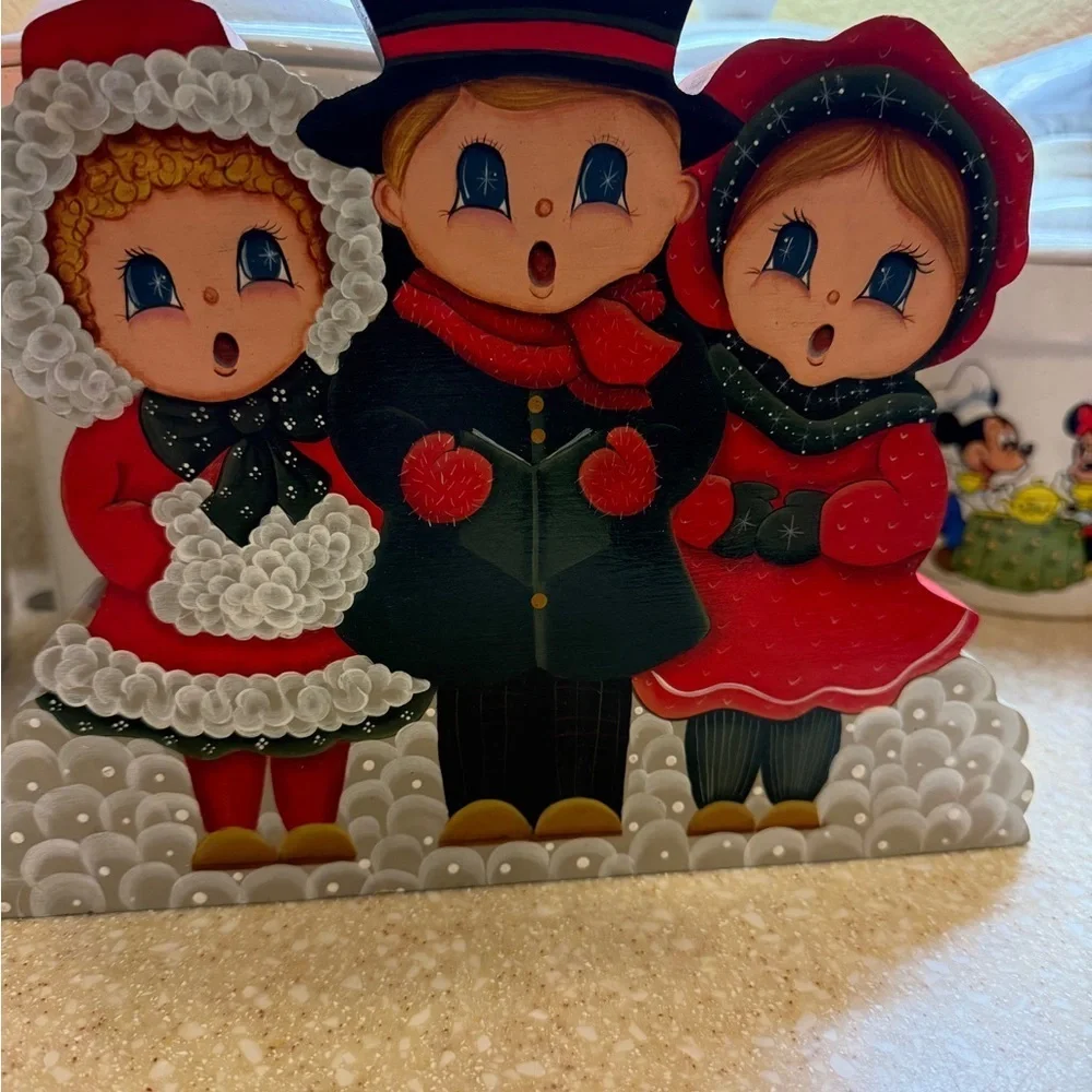 Vintage Hand Painted Wooden Holiday Christmas Carolers Decor and Set Ice Skaters